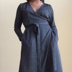 White Dotted Long Sleeved Wrap Front Dress